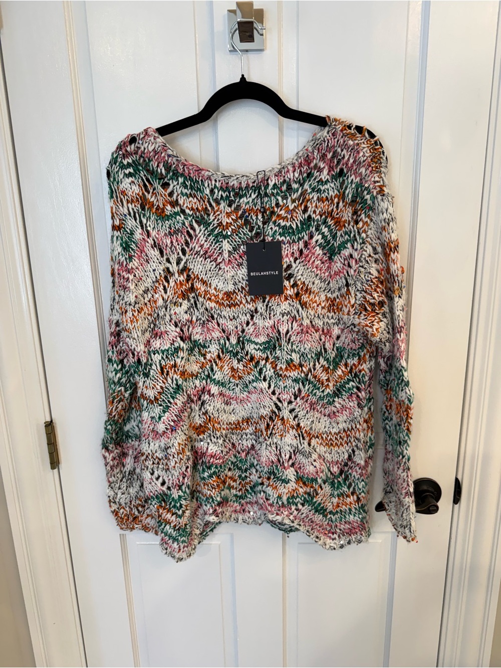 Beulah Multicolor Chunky Knit Sweater in Pink, Green & Orange